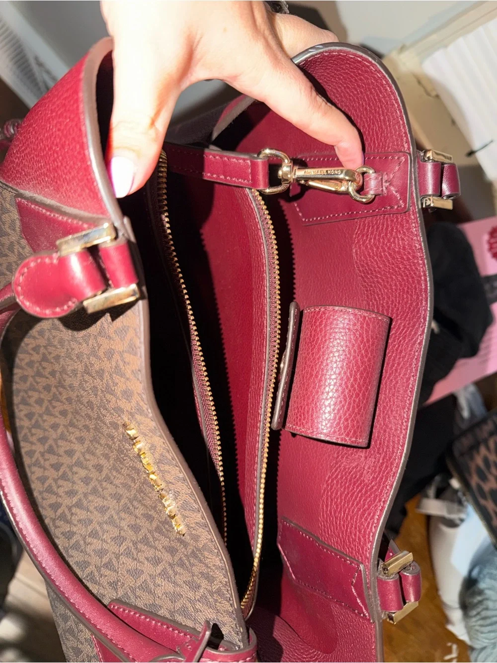 Michael Kors Brown Logo Satchel with Burgundy Trim and Handles